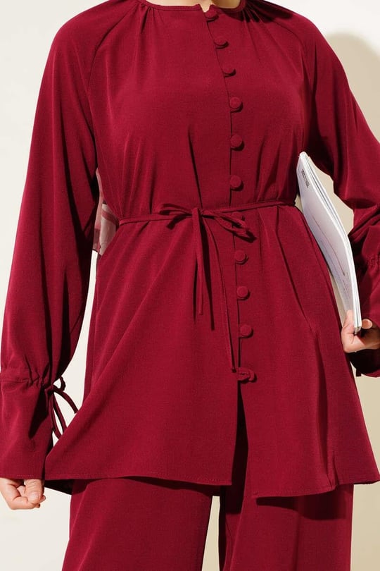 Drawstring Sleeves Buttoned 2pc Set - Deep Red