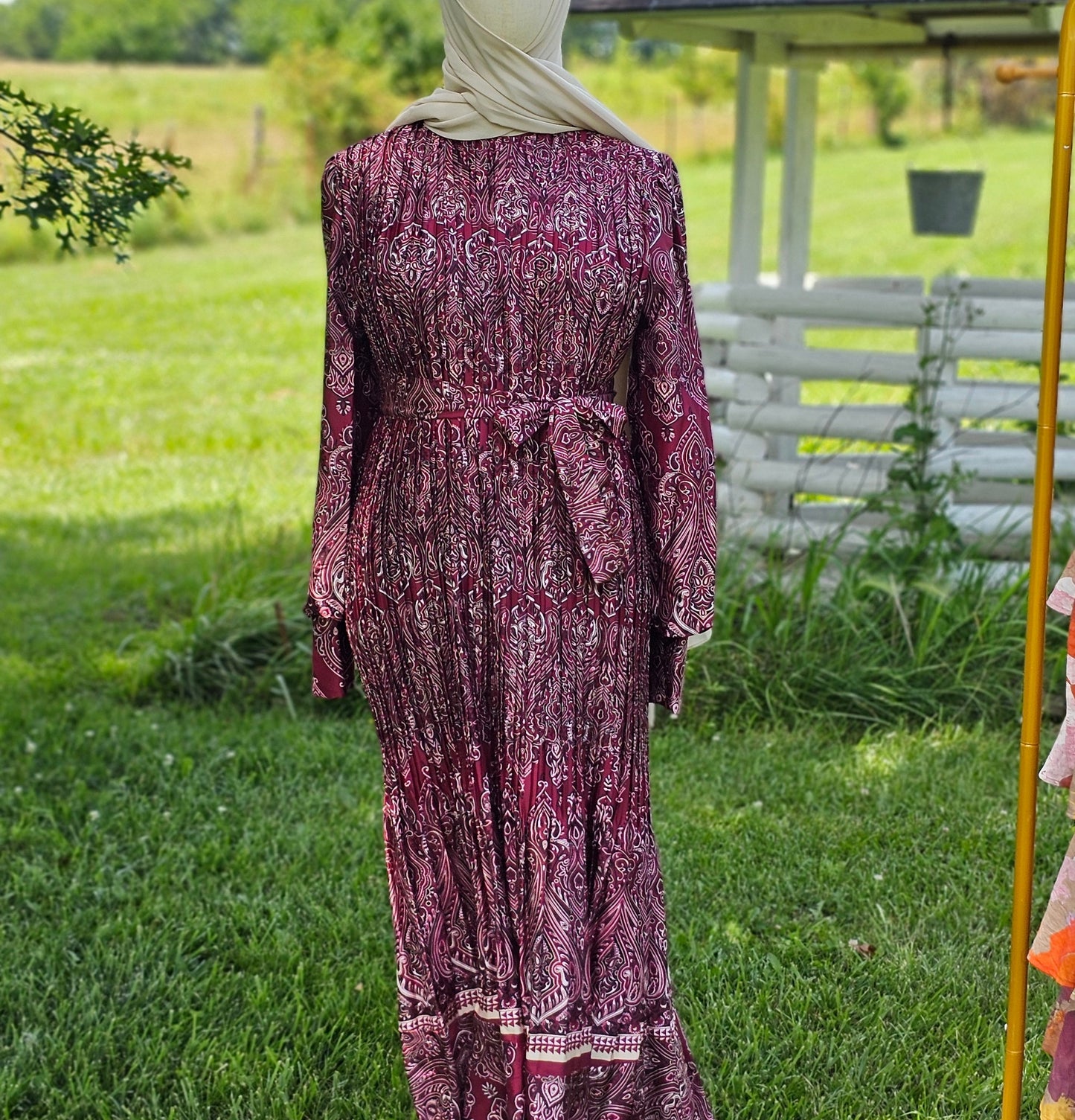 Pleated Satin Maxi Dress - Maroon