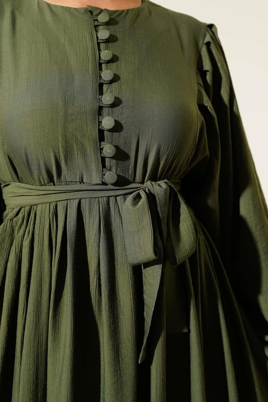 Gathered Lantern Sleeve Dress - Olive