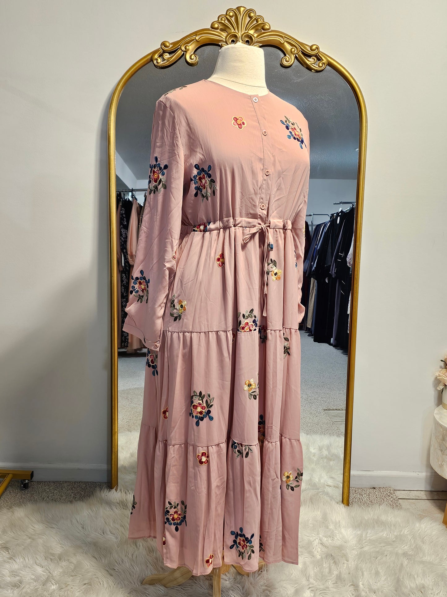Floral Embroidered Chiffon Dress - Pink