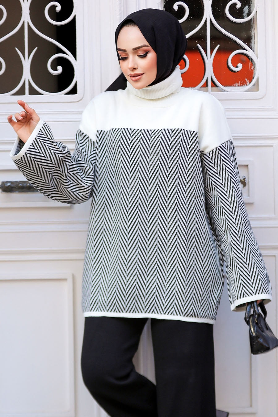 Chevron Black and White Wool Tunic