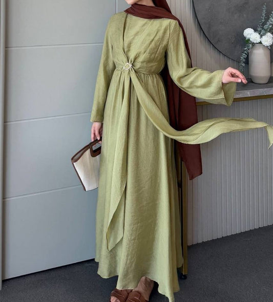 Faux Wrap Gold Brooch Maxi Dress - Muted Lime