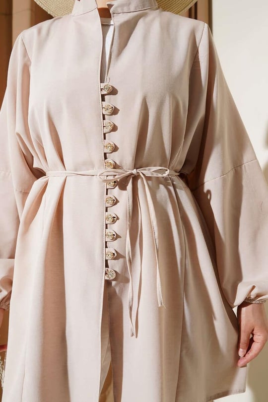 Crystal Button Shirt Tunic - Beige