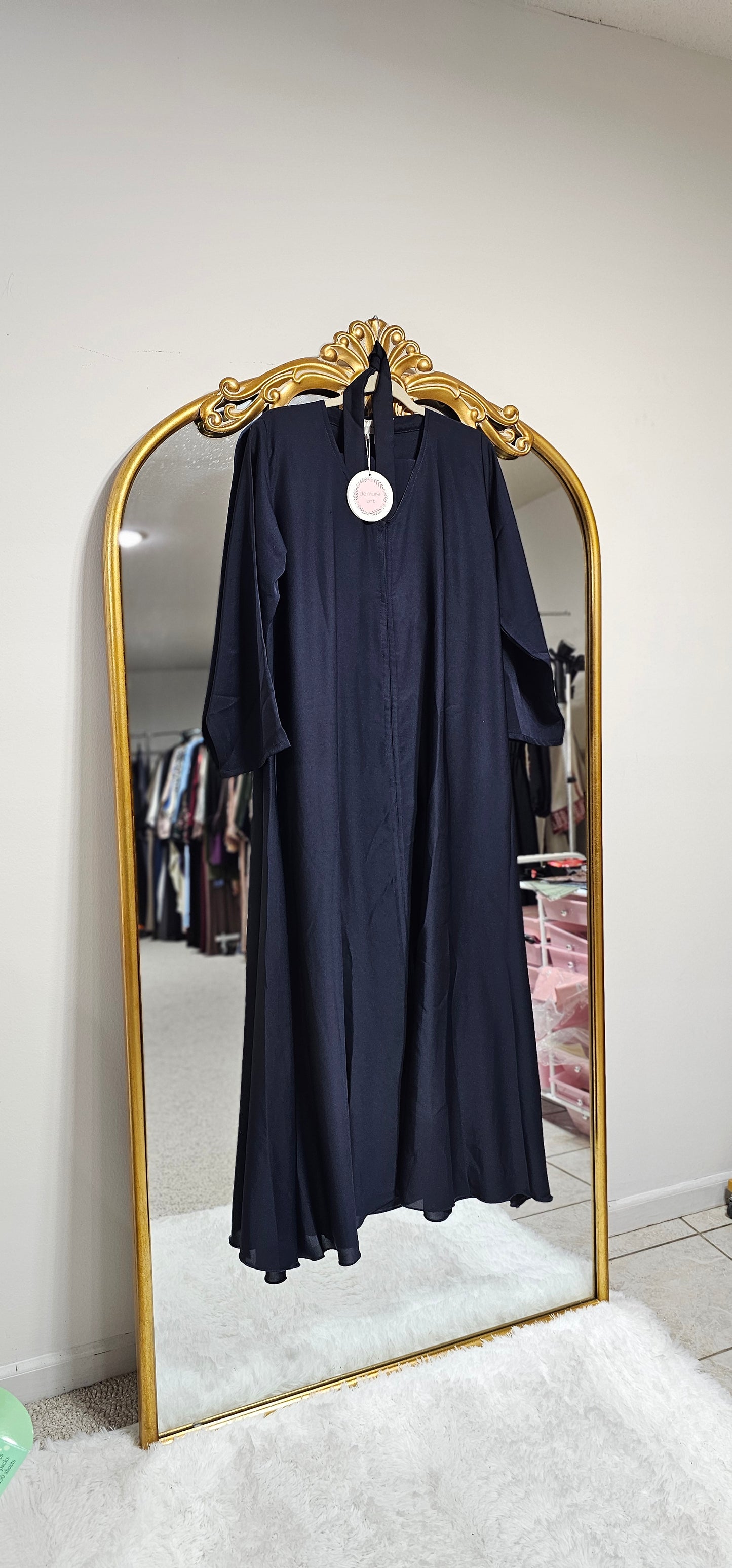 Snap Button Open Abaya With Matching Hijab - Navy Blue