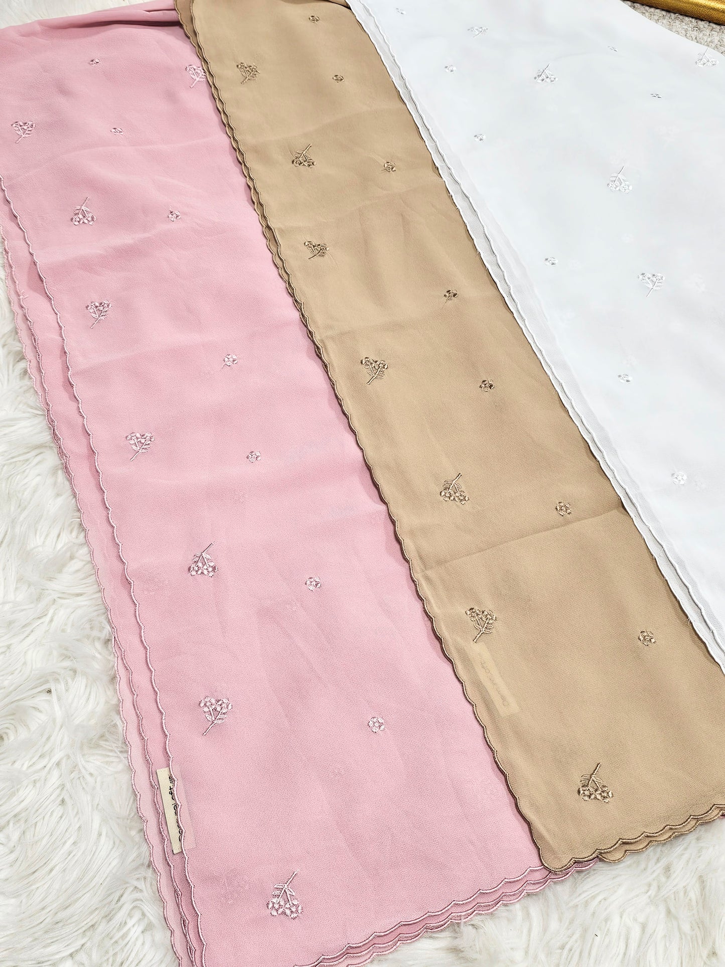 Embroidered Floral Scalloped Edge Chiffon Hijab - (3- Colors)