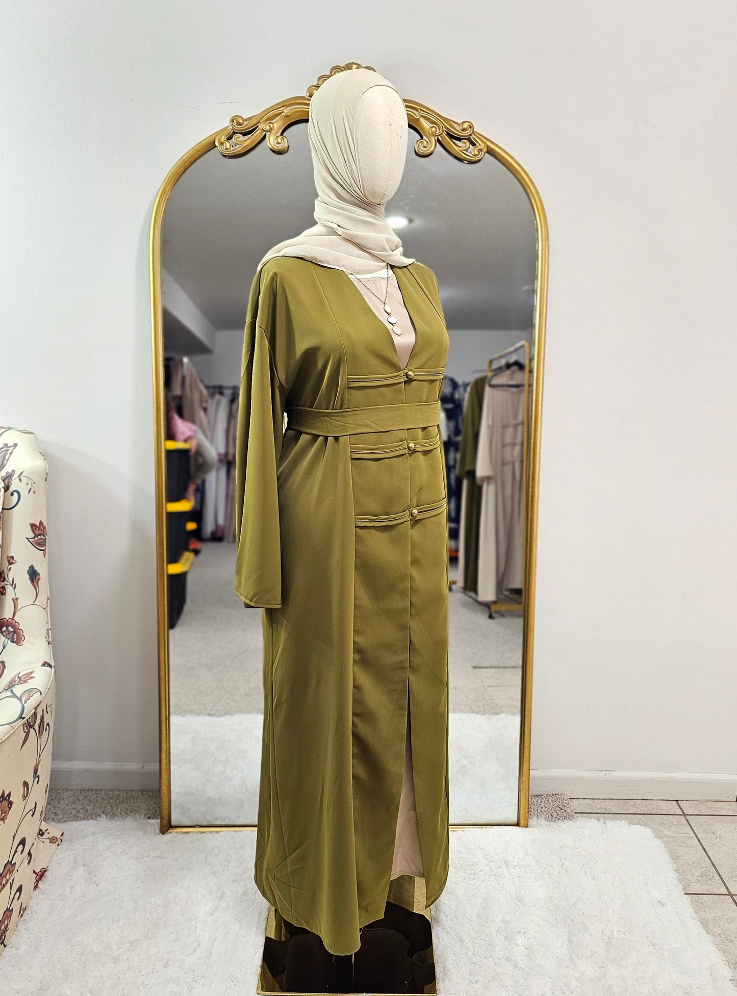 Fancy Elegant Open Abaya - Mustard Green