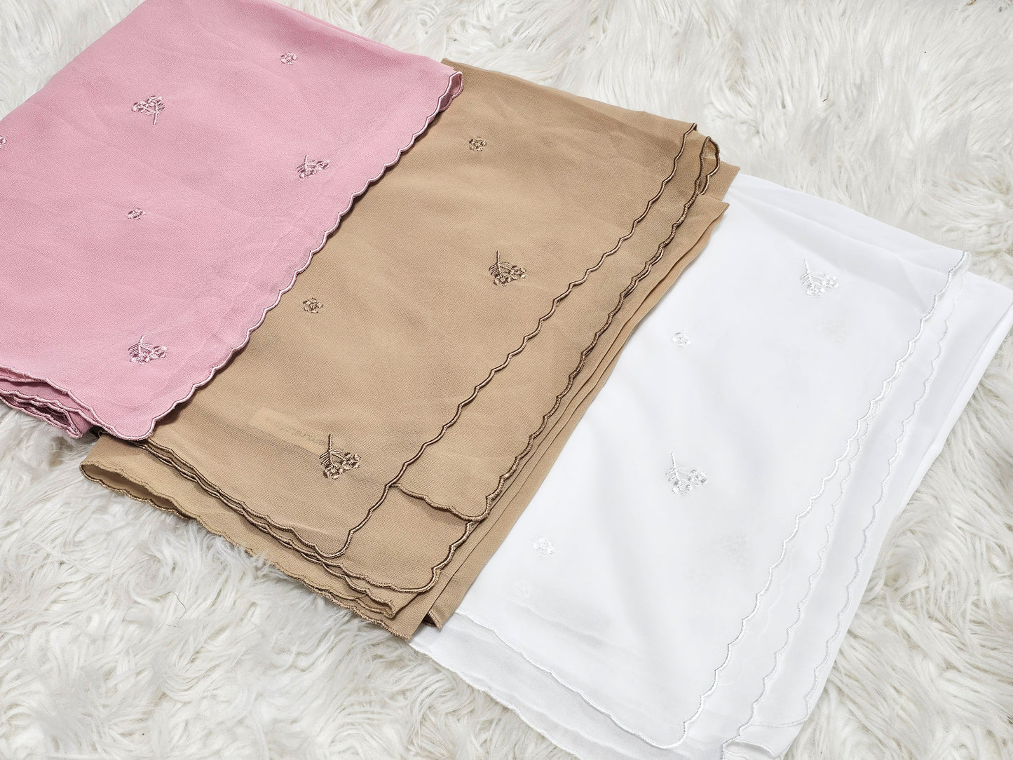 Embroidered Floral Scalloped Edge Chiffon Hijab - (3- Colors)