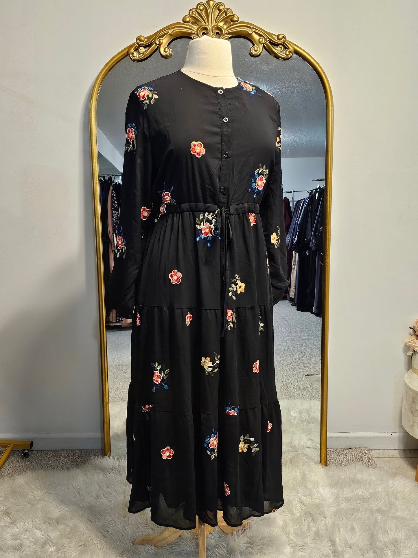 Floral Embroidered Chiffon Dress - Black