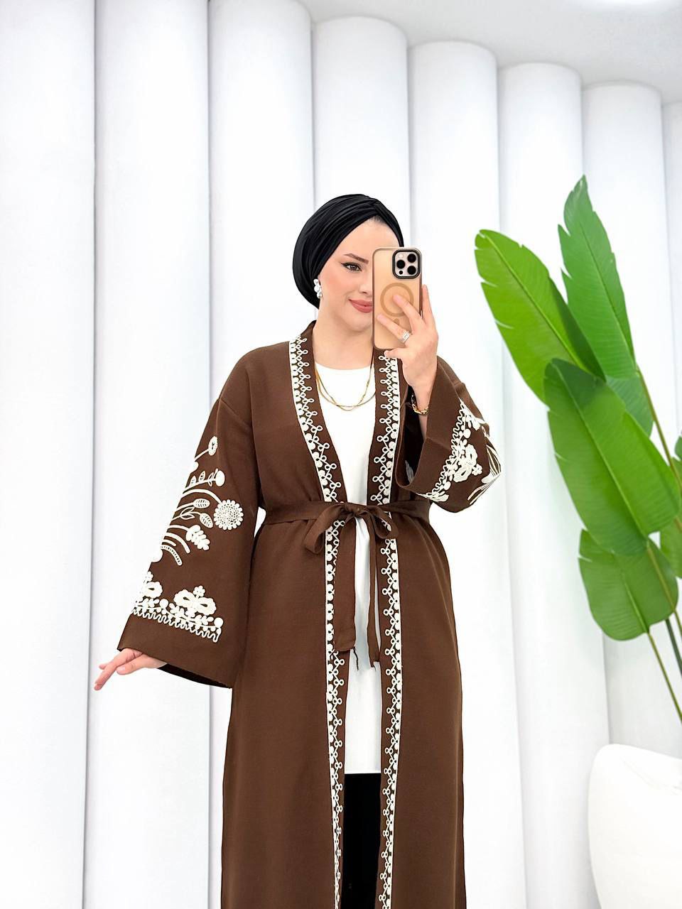 Embroidered Maxi Cardigan - Brown
