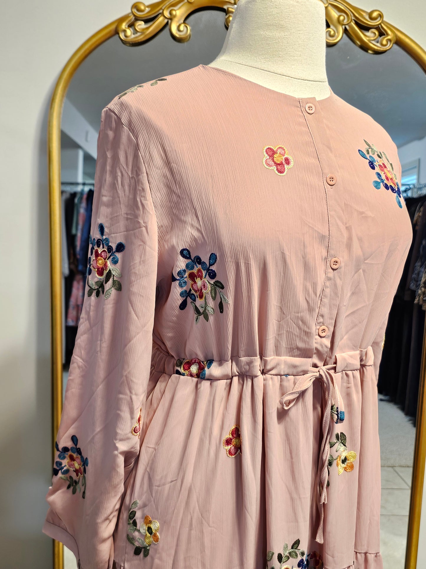 Floral Embroidered Chiffon Dress - Pink