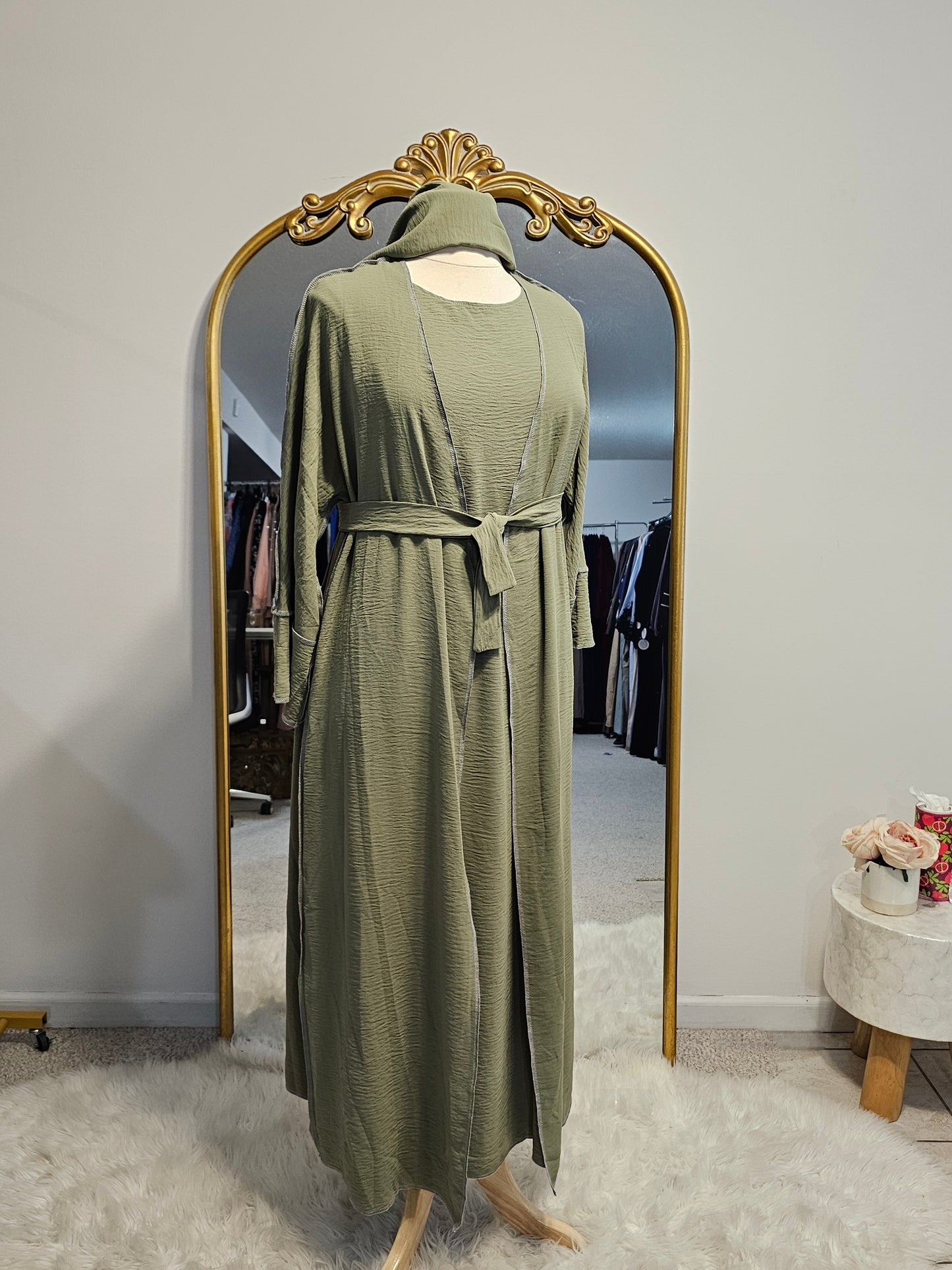 Crinkle Stitched 3 PC Abaya - Green
