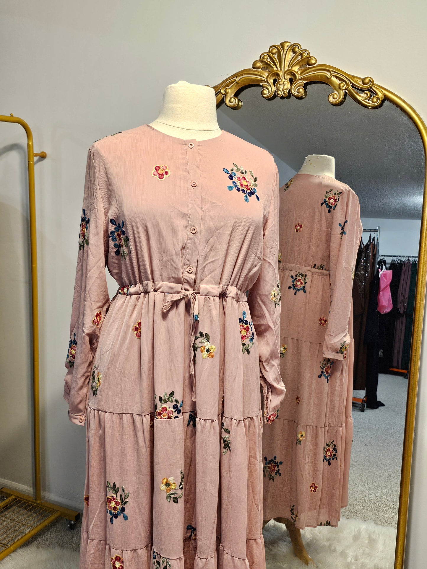 Floral Embroidered Chiffon Dress - Pink