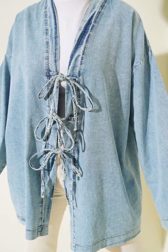 Front Tie Denim Kimono - Light