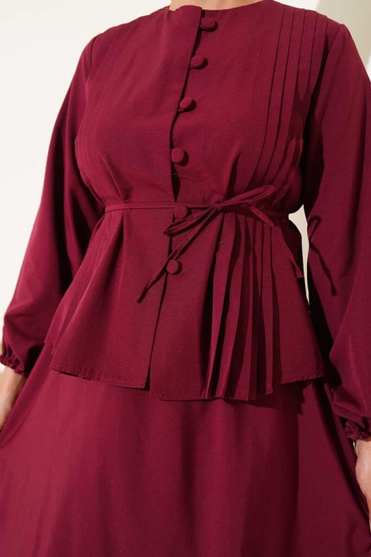 Pleated Buttoned Shirt 2pc Skirt Set - Deep Red