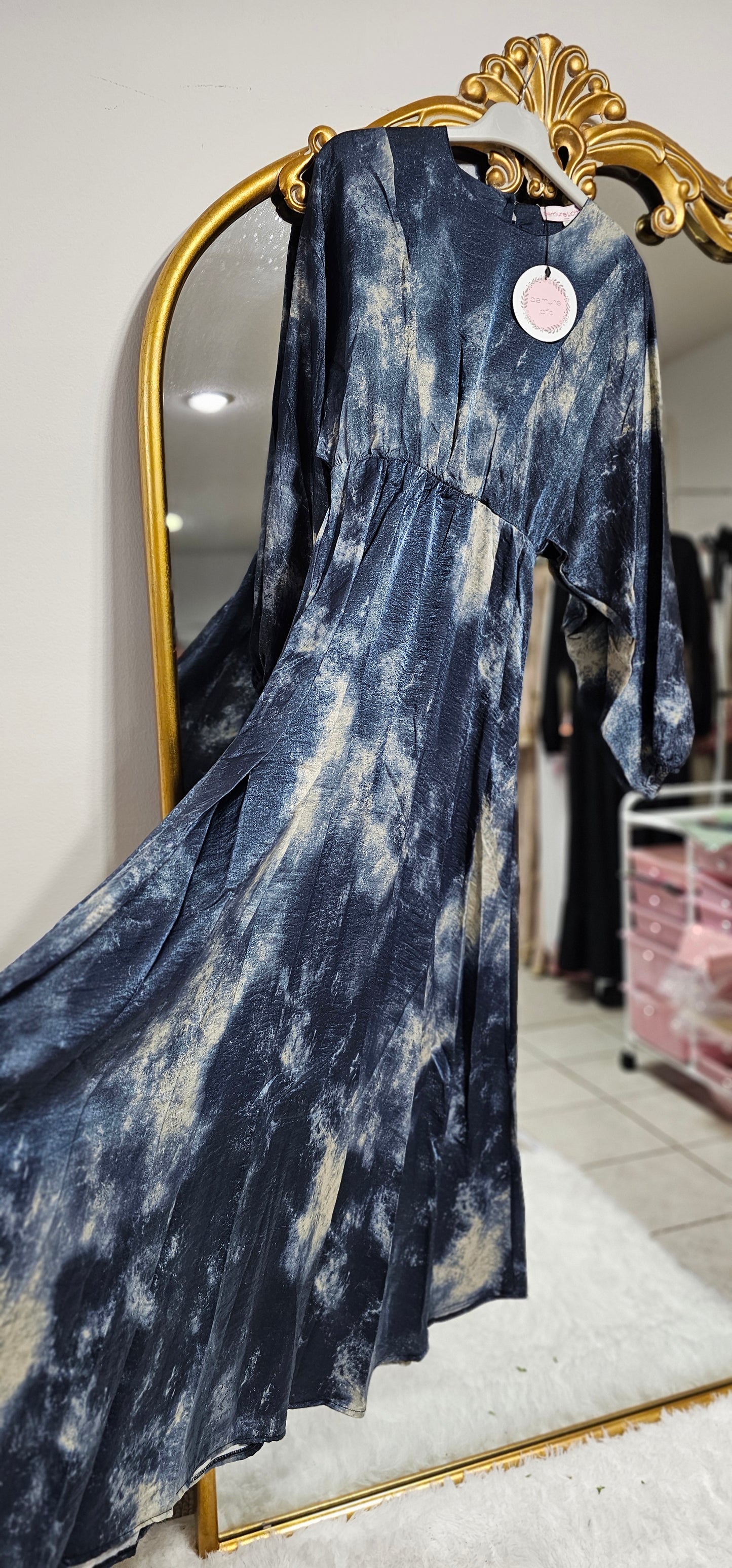 Abstract Water Color Satin Dress - Dark