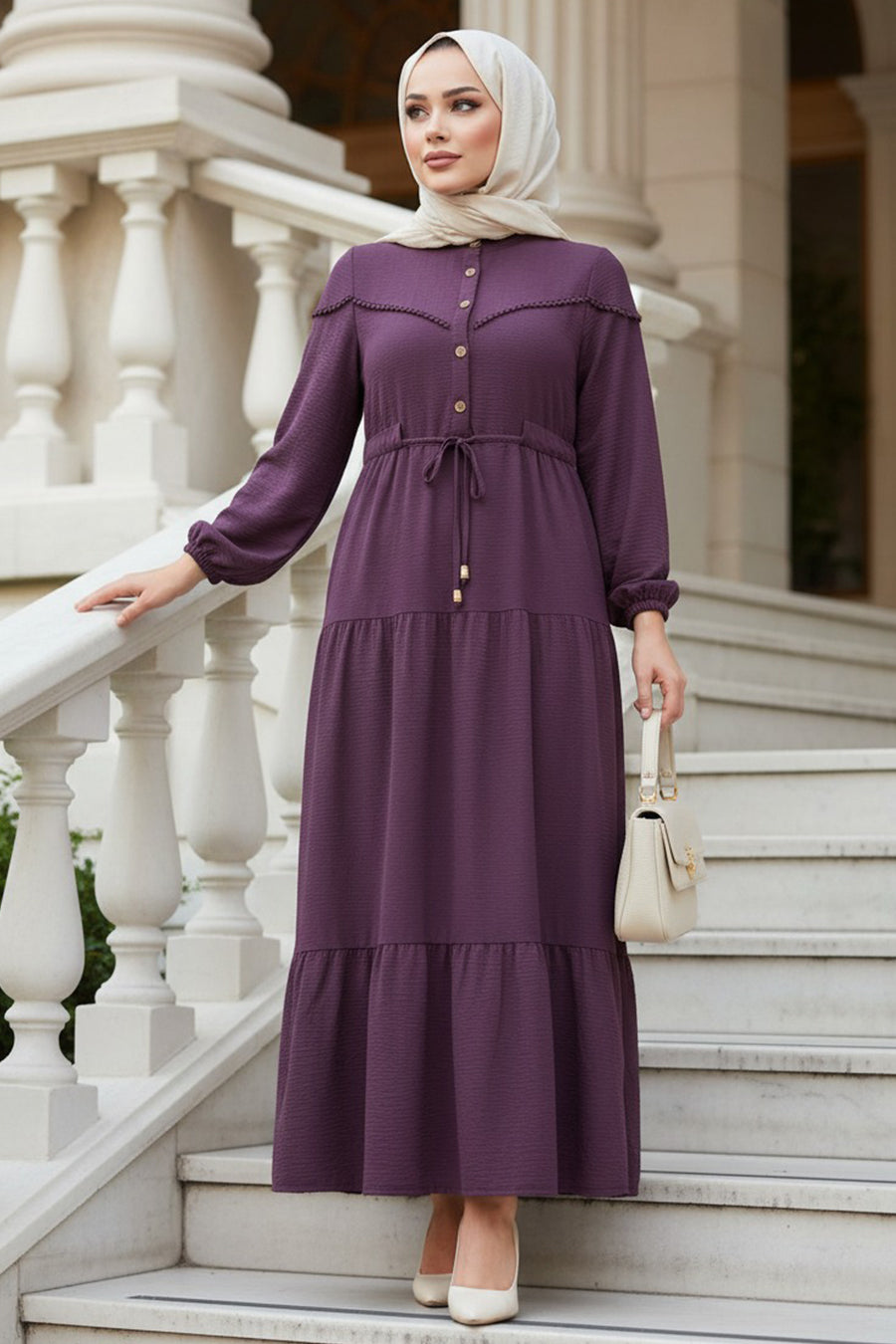 Crinkle Drawstring Maxi Dress- Purple