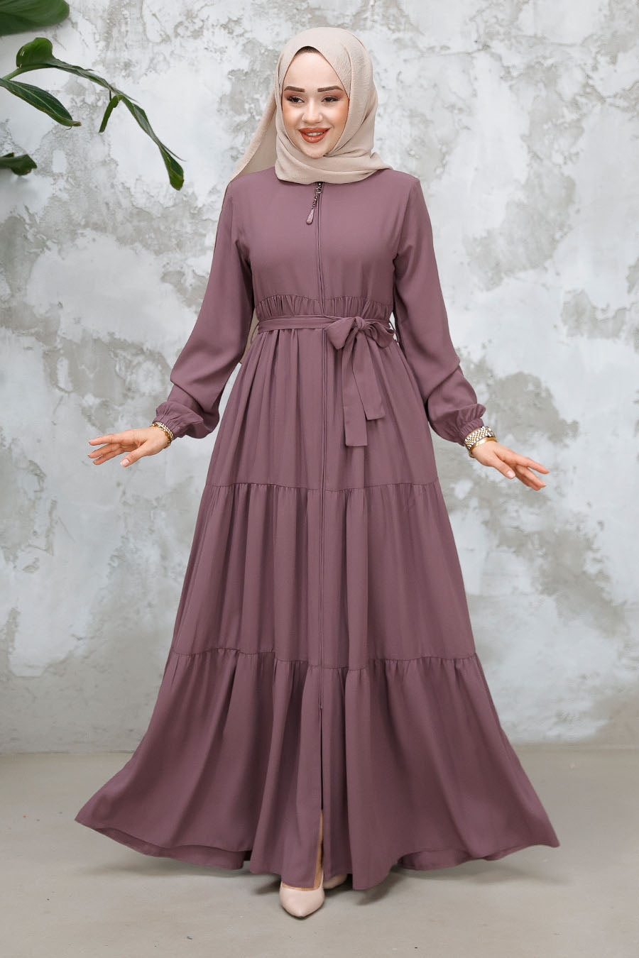 Tiered Abaya with Zipper - Mauve