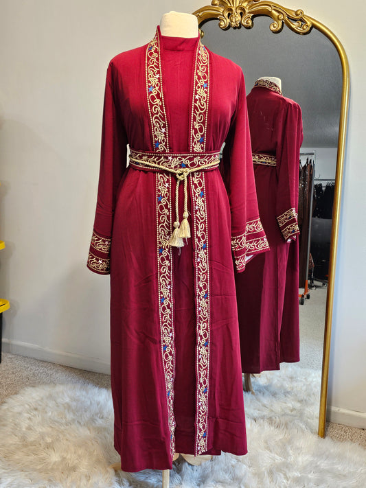 Embroidered calligraphy 3 PC kaftan Dress - Red
