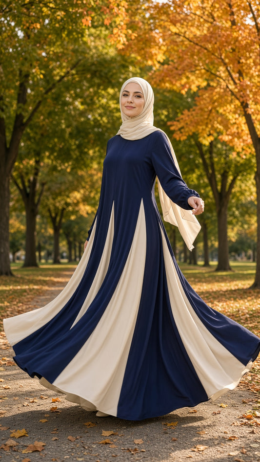 Colorblock Flowy Umbrella Abaya - Classic Navy