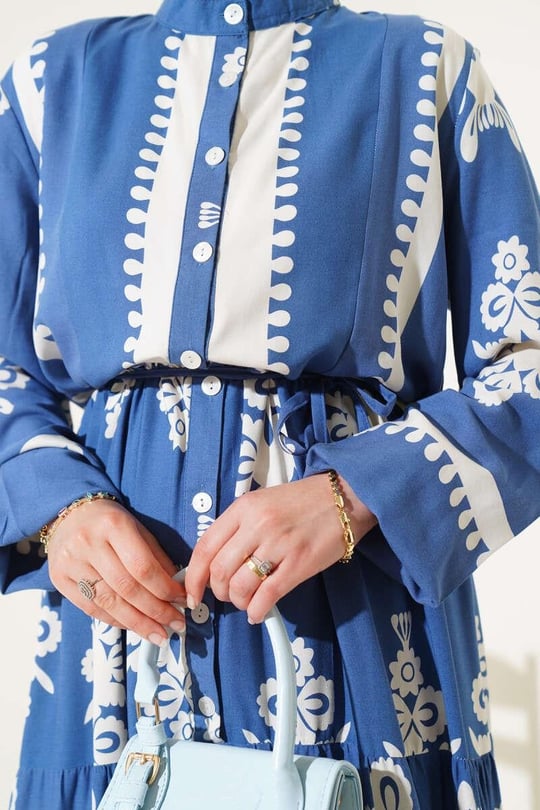Patterned Button Down Dress - Blue