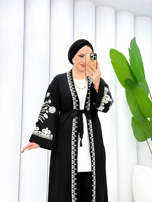 Embroidered Maxi Cardigan - Black