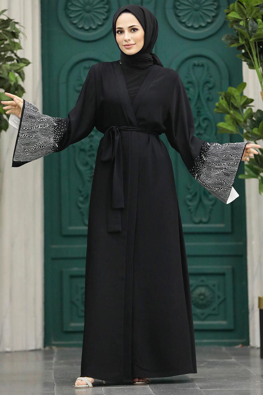 Crystal Sleeve Open Front Abaya - Rich Black