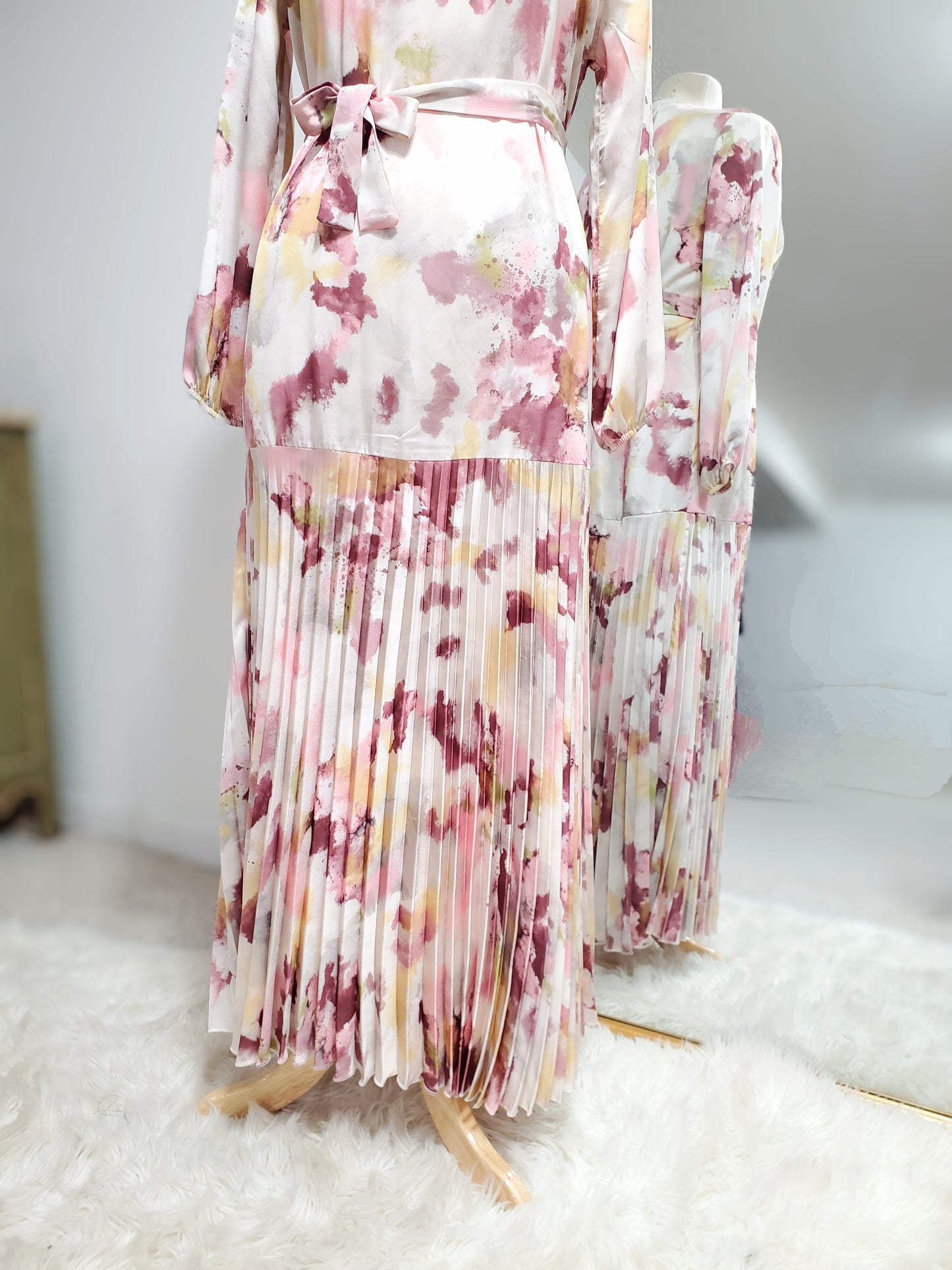 Watercolor Satin Pleated Maxi dress