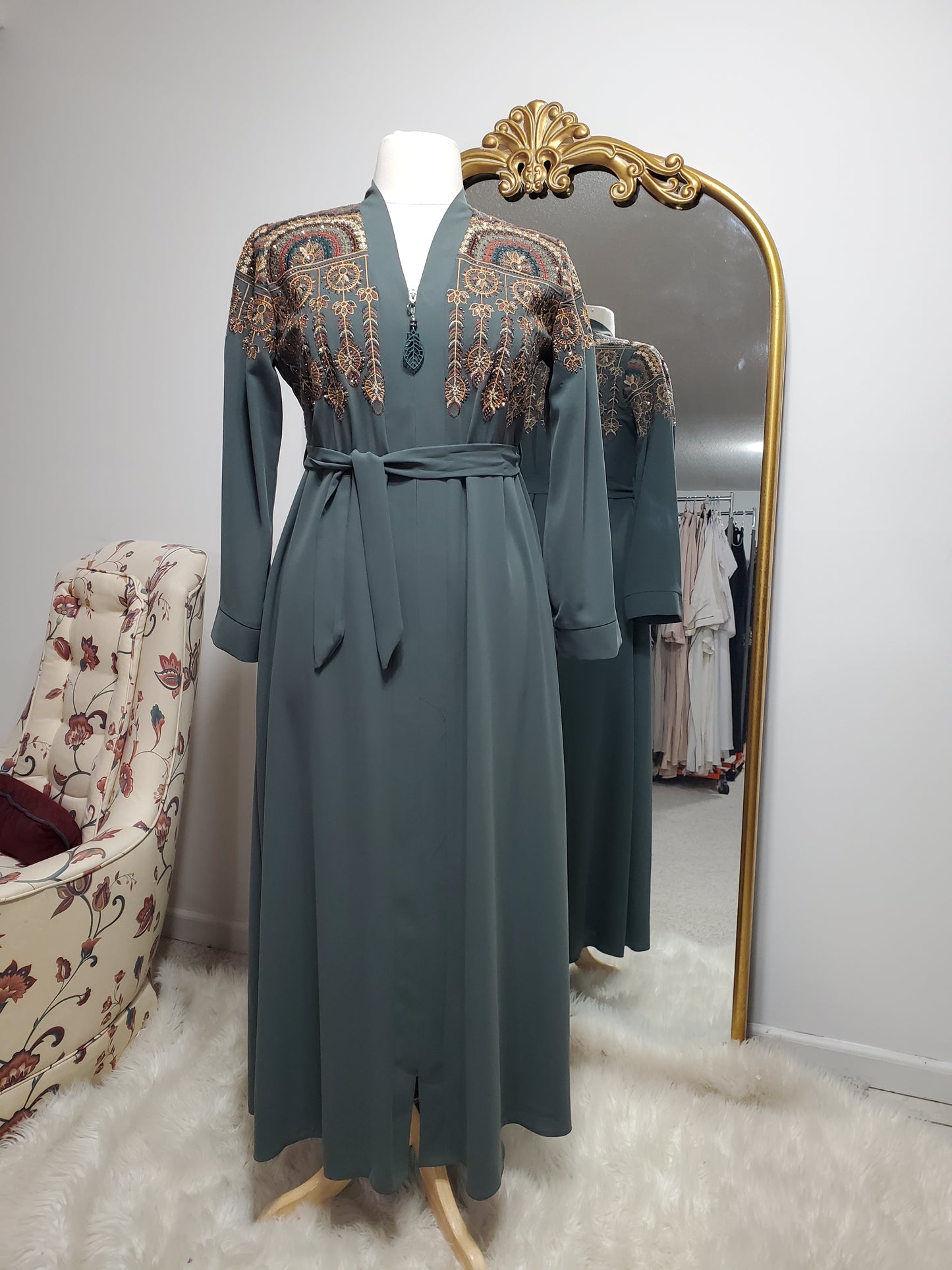 Lux Embroidered Abaya - Muted Green