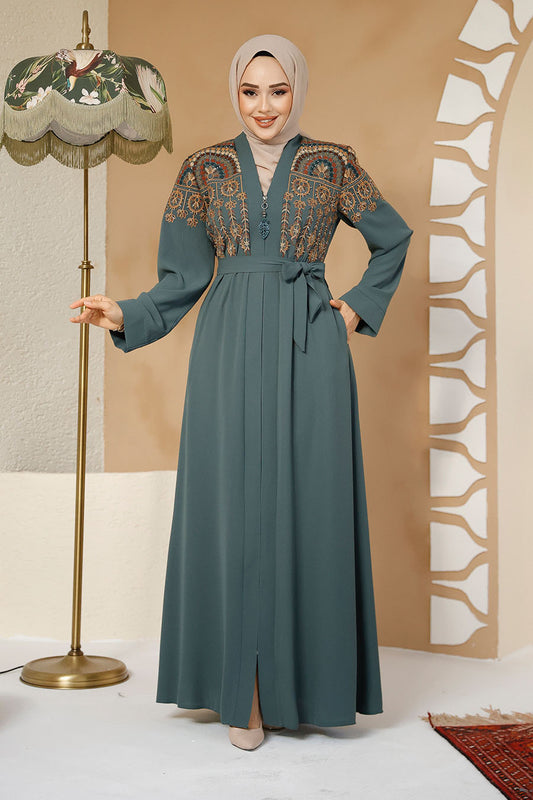 Lux Embroidered Abaya - Muted Green