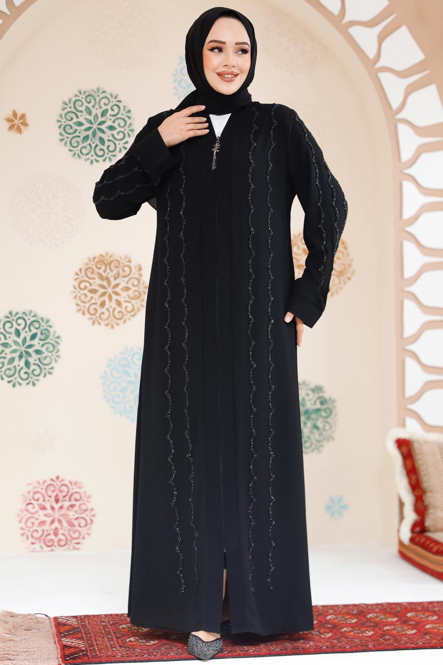 Wavy Crystal Abaya - Black