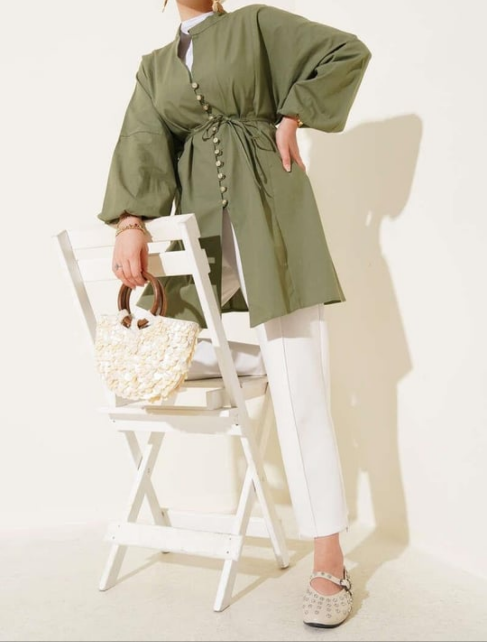 Crystal Button Shirt Tunic - Olive