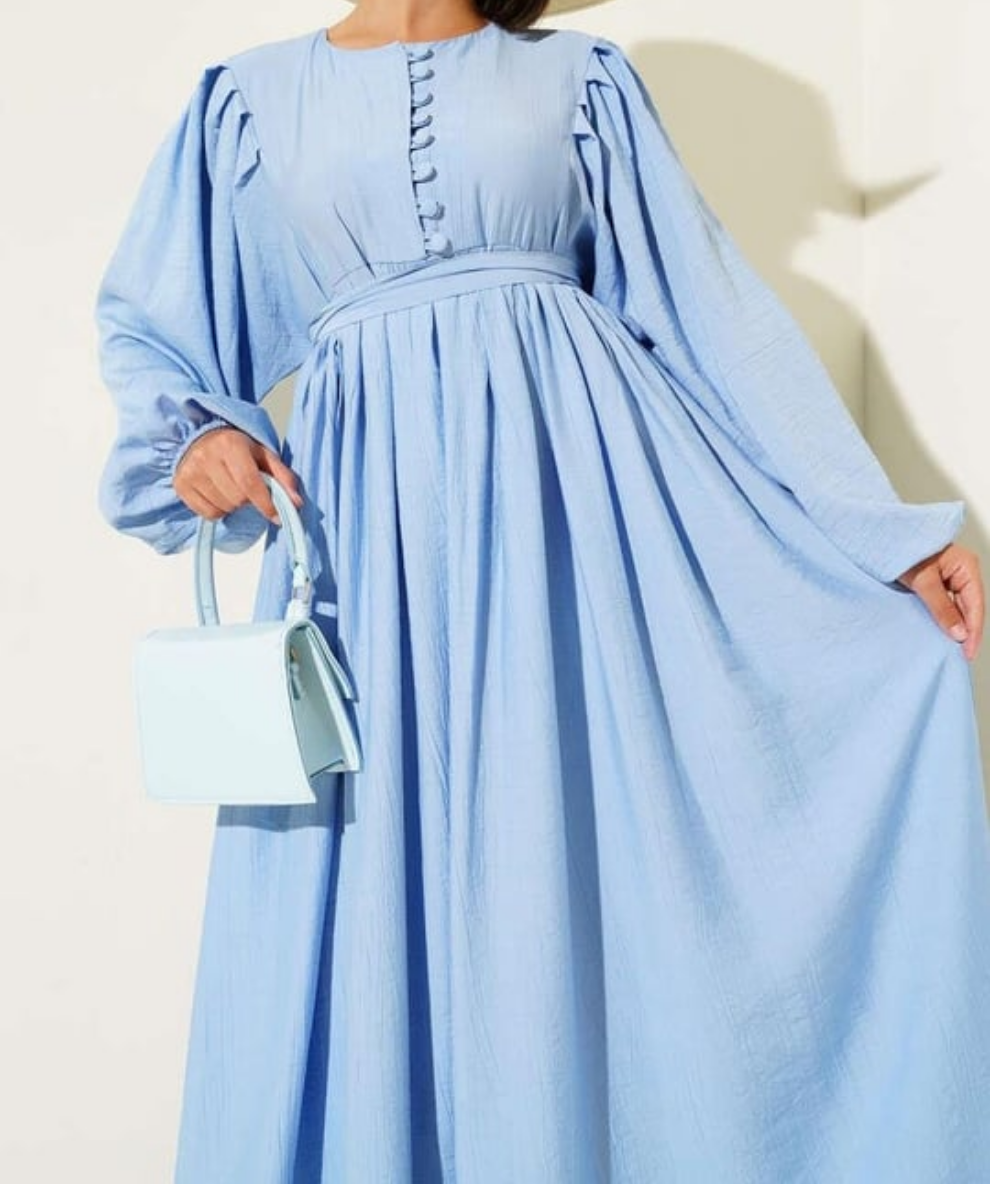 Gathered Lantern Sleeve Dress - Sky Blue