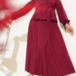 Pleated Buttoned Shirt 2pc Skirt Set - Deep Red