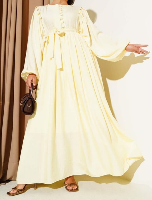 Gathered Lantern Sleeve Dress - Yellow