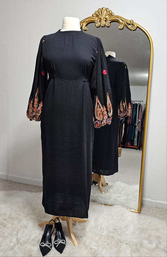 Embroidered Lantern Sleeves Black Dress