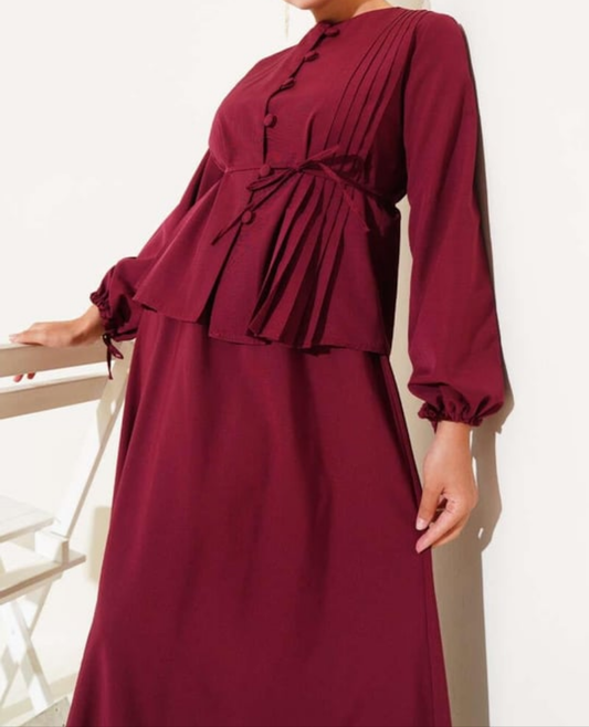 Pleated Buttoned Shirt 2pc Skirt Set - Deep Red