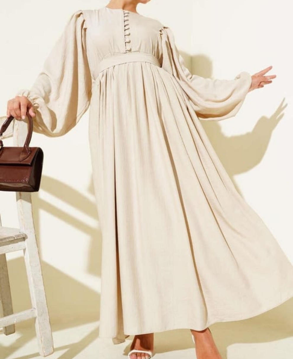 Gathered Lantern Sleeve Dress - Beige