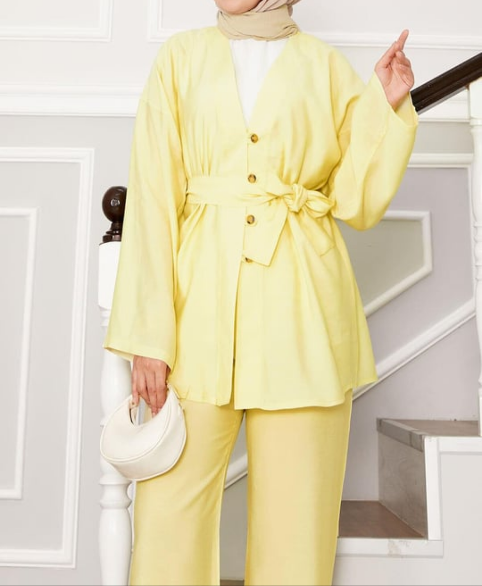 Drop Shoulder Button Kimono 2pc Set - Yellow
