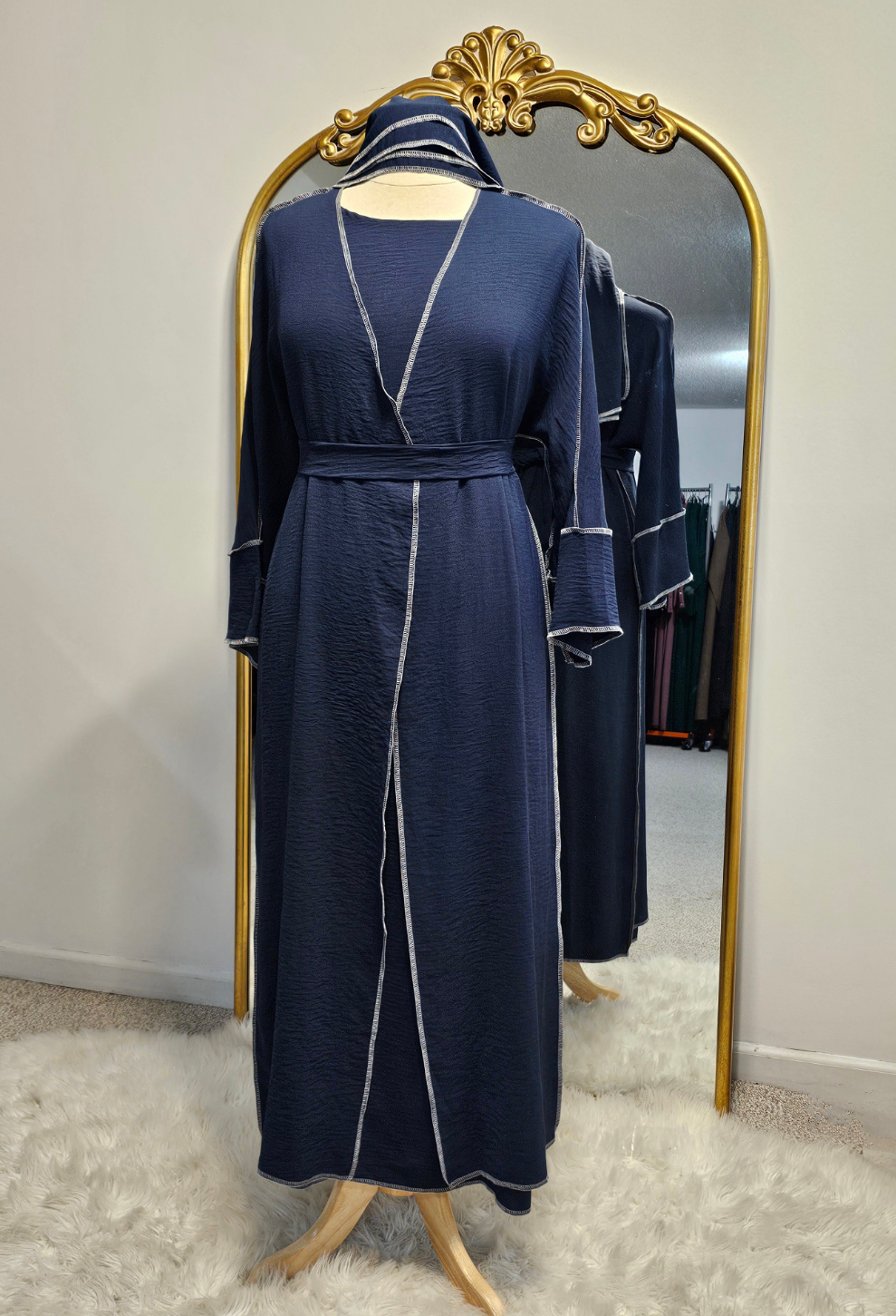 Crinkle Stitched 3 PC Abaya - Navy Blue