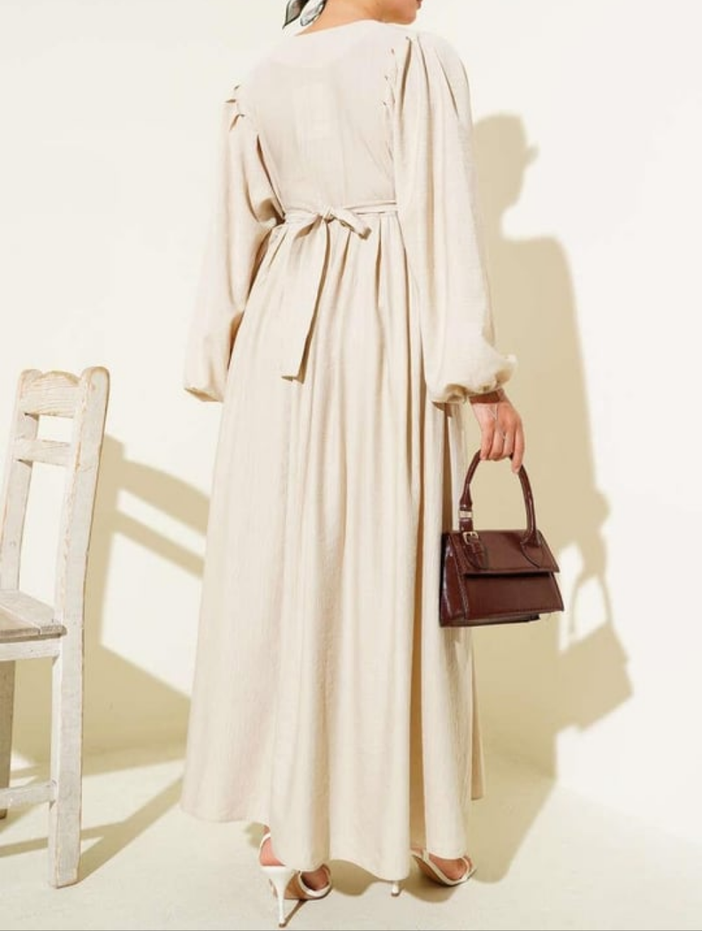 Gathered Lantern Sleeve Dress - Beige