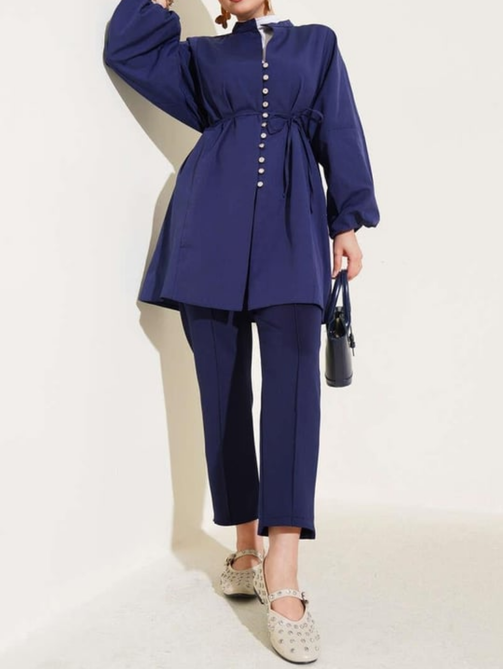 Crystal Button Shirt Tunic - Navy Blue