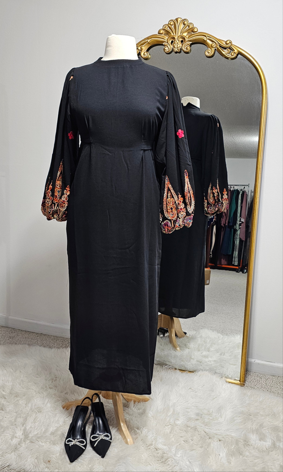 Embroidered Lantern Sleeves Black Dress