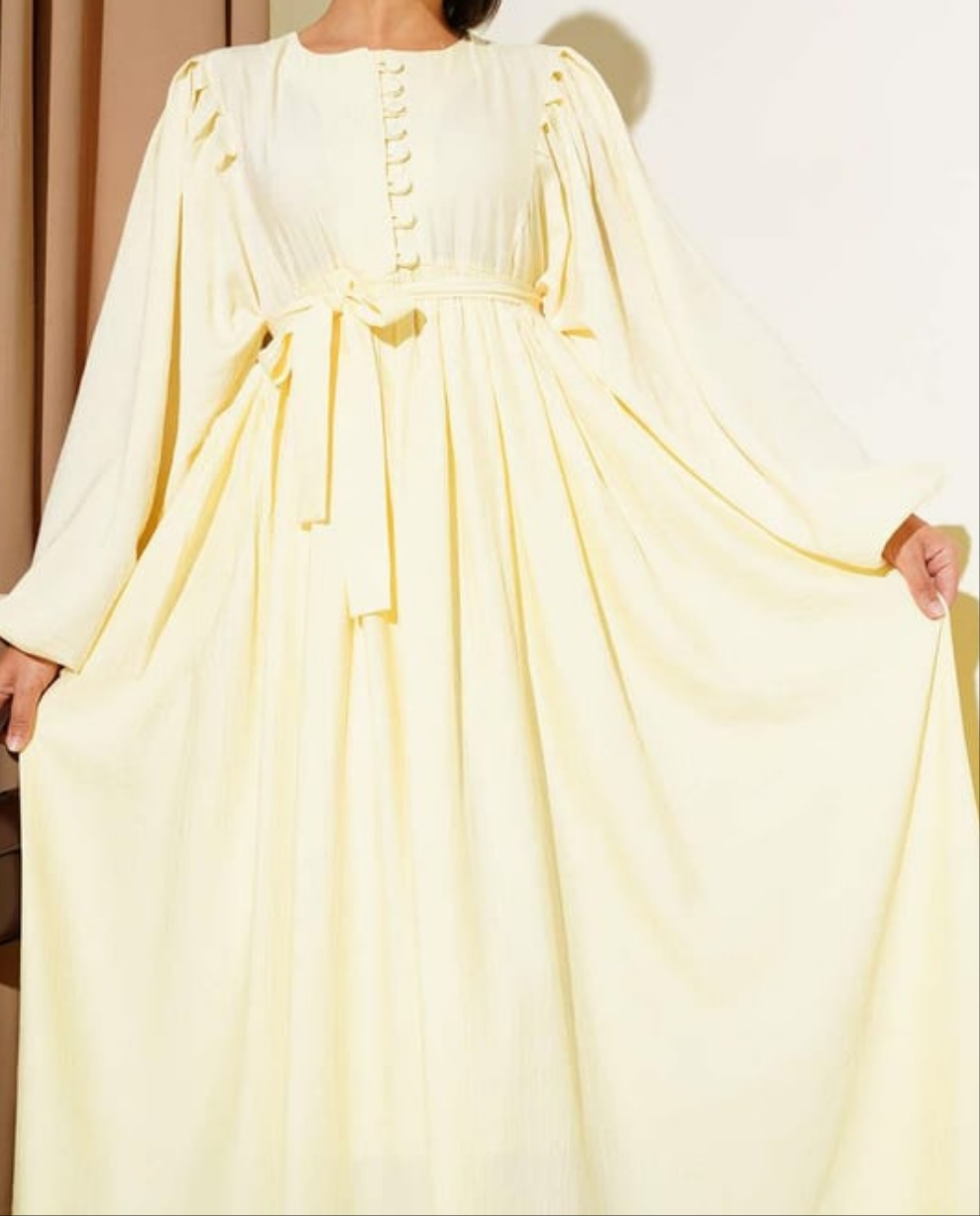 Gathered Lantern Sleeve Dress - Yellow
