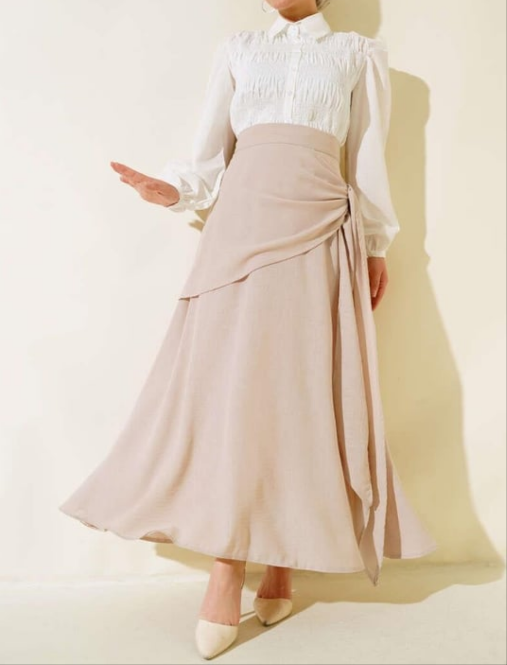 Side Tie Faux Wrap Maxi Skirt - Beige