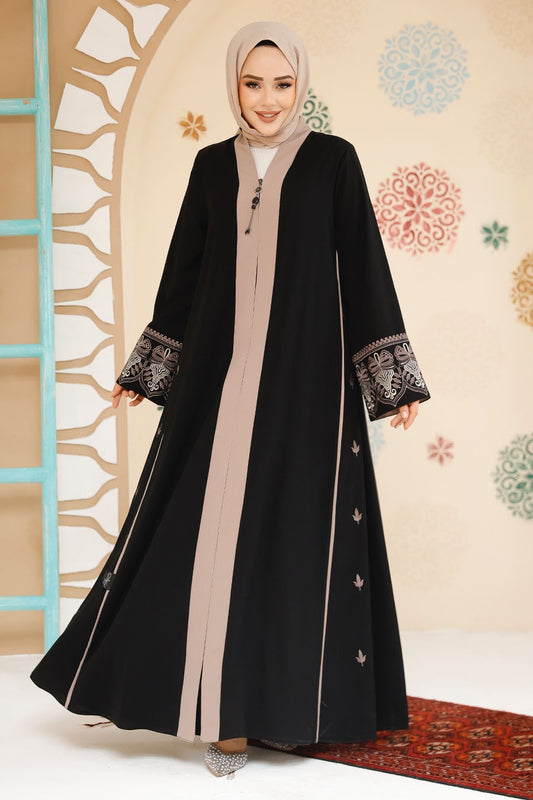 Elegant Two-Tone Leaf Ebroidered Abaya