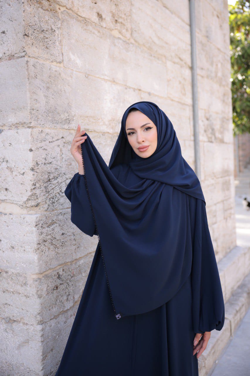 Medina Silk Abaya with Matching Attached Hijab - Navy Blue