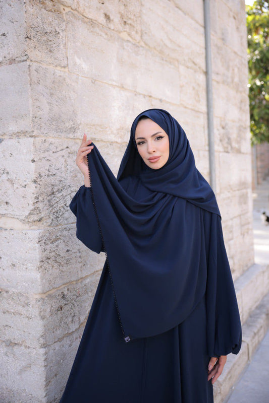 Medina Silk Abaya with Matching Attached Hijab - Navy Blue