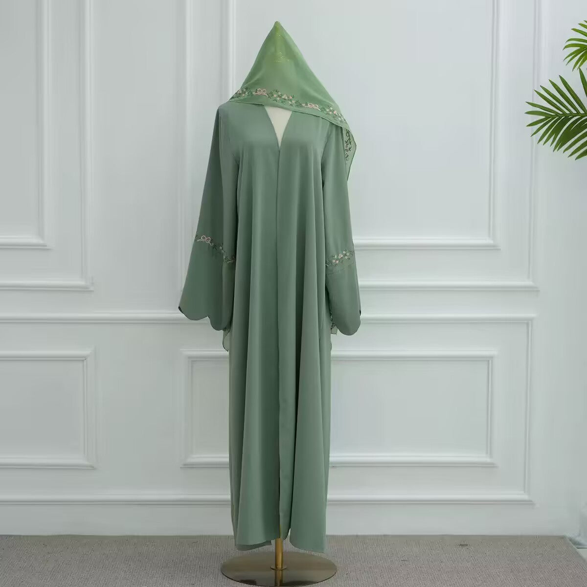 Embroidered Floral Boarder Abaya with Matching Hijab - Mint Green