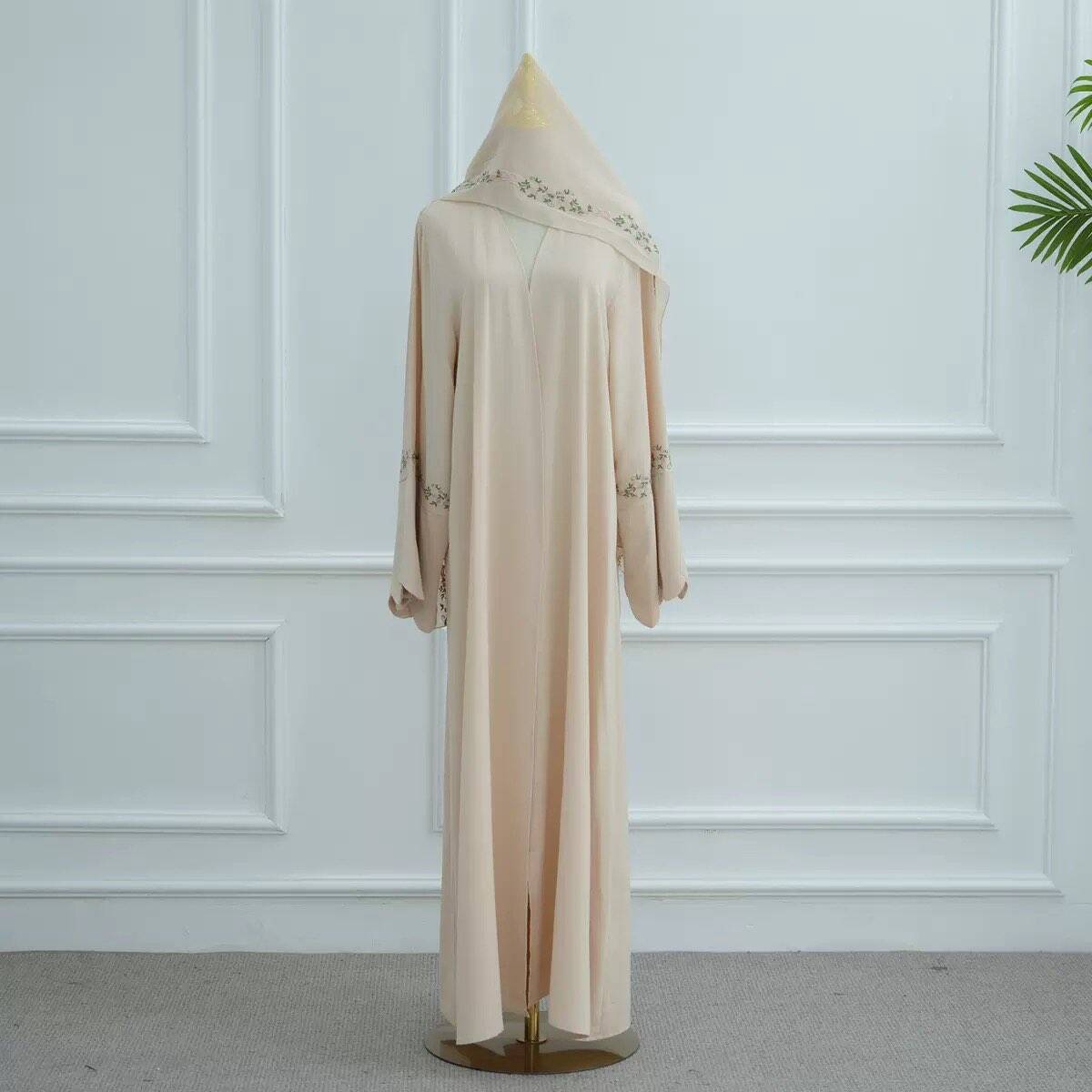 Embroidered Floral Boarder Abaya with Matching Hijab - Cream