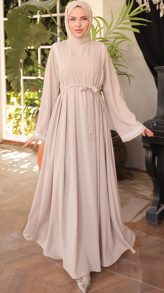 Flowy A-line Embroidered Abaya - Cream